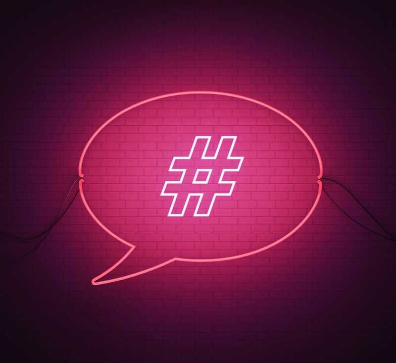 Hashtag in pink LED speech bubble