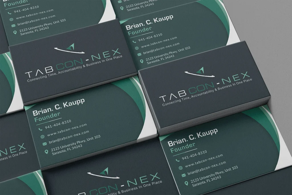 TABCon-Nex business cards featuring modern branding and founder contact information