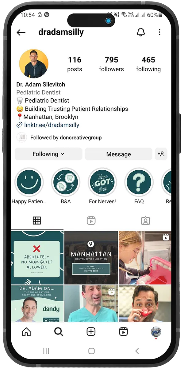Instagram profile page for pediatric dentist Dr. Adam with posts and highlights