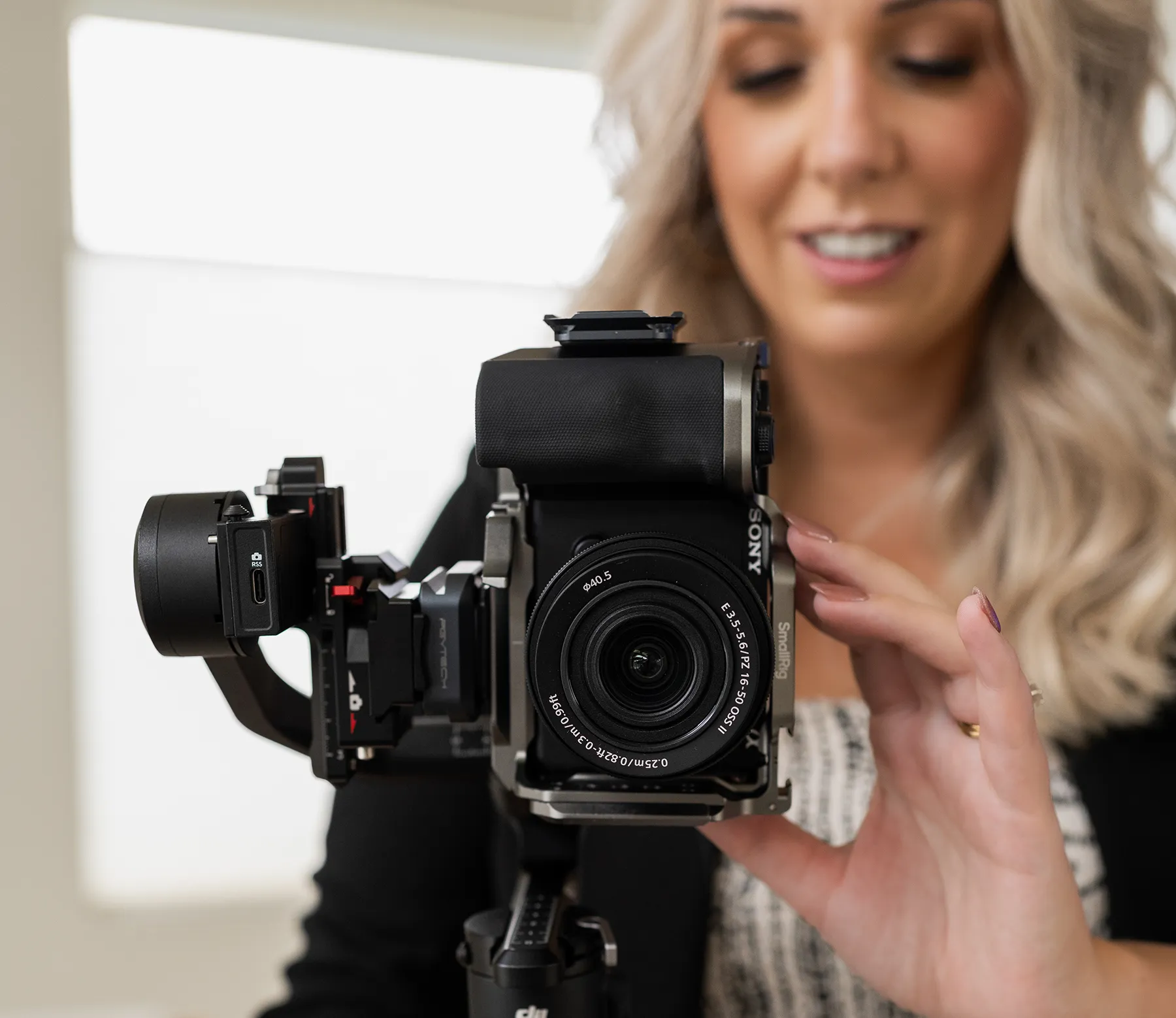 Marketing professional filming video content with stabilizer camera for brand marketing and social media campaigns.